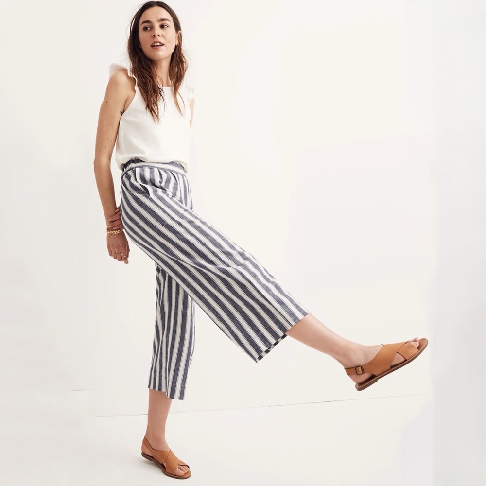 Madewell Huston Pull-On Crop Pants in Striped Linen Blend Wide-Leg Fit & Pockets